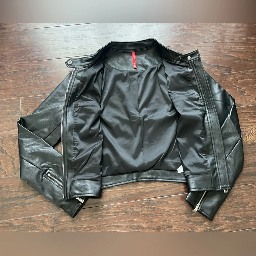 Spanx Women Moto Jacket Size Medium Faux Zip Front Luxe Black NEW